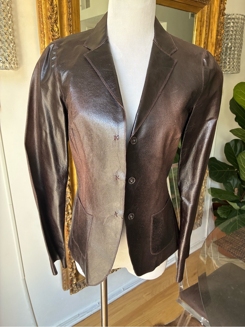 Rozae Nichols Women's Chocolate Brown Leather Blazer Jacket small